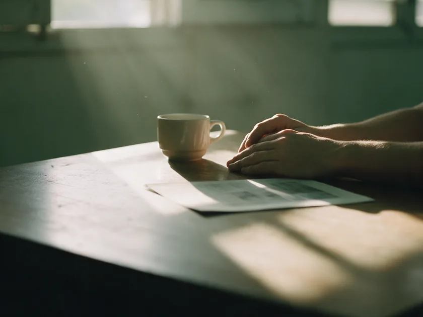 A person’s hands resting on a wooden desk beside a coffee cup and a printed page, in morning light.